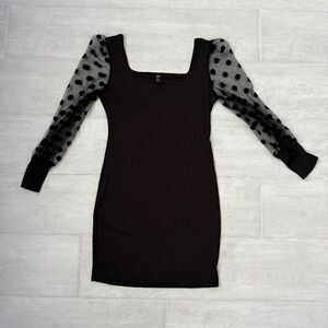 Shein Curve Bodycon Mini Dress Balloon Sleeves Polka Dot Ribbed Black 0XL